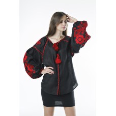 Boho Style Ukrainian Embroidered Folk  Blouse "Boho Birds" red on black